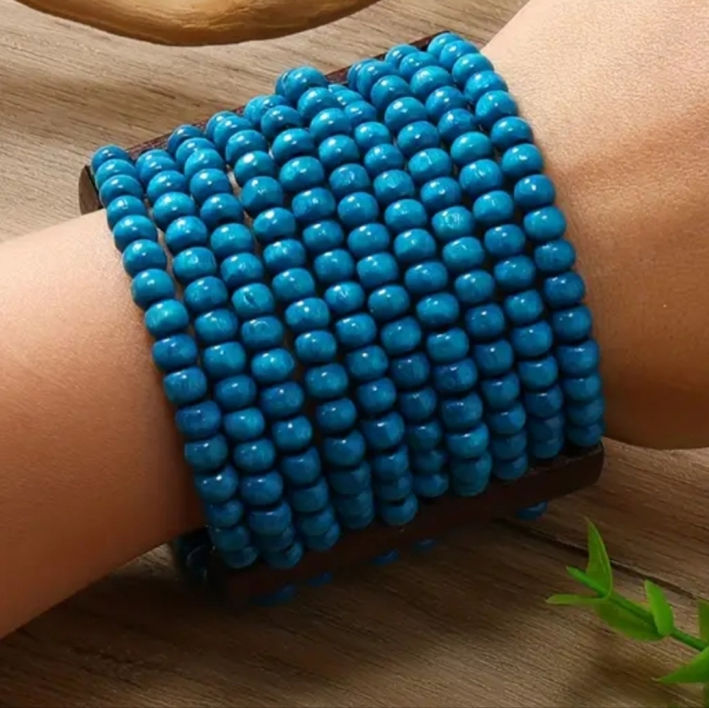 BOHO WOOD BEAD Turquoise color beads  STREACHY BRACELET